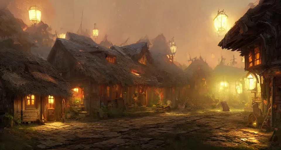 Image similar to book illustration of small wooden village. Atmospheric beautiful by Eddie mendoza and Craig Mullins. volumetric lights