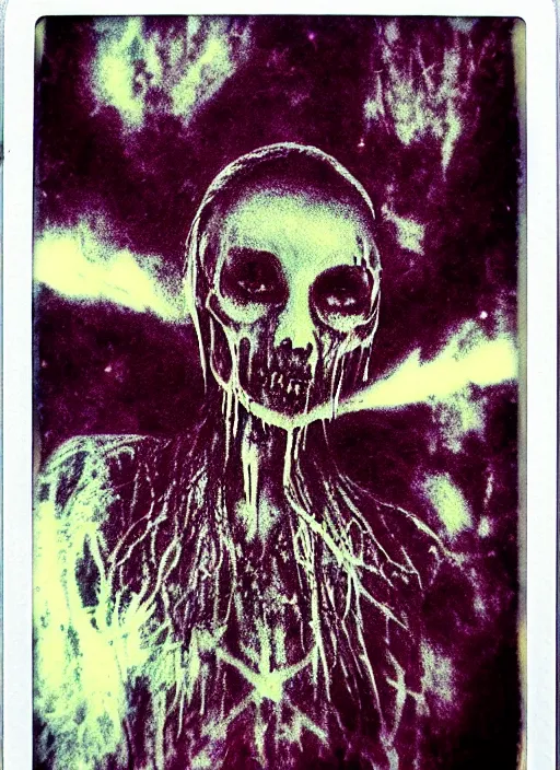 Prompt: gothic soul - spirit with galaxy dead eyes, random decor of necro blast, psycho colors veins, realistic flavor, twisted sorrow fade soft, polaroid 2 0 0