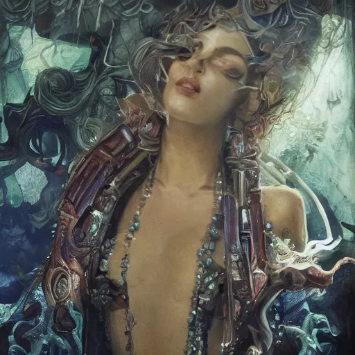 Image similar to extremely psychedelic beautiful cyborg queen of lsd. intricate, elegant, highly detailed, extremely lifelike photorealistic digital painting, artstation. steichen, gaston bussiere, tom bagshaw, cyberpunk alphonse mucha. dark pallet, melancholy. anatomically correct in every way. sultry. sharp focus. soft light. very very lifelike