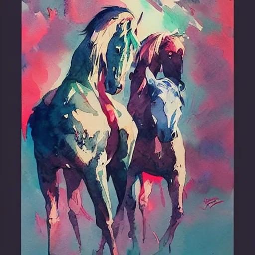 Image similar to watercolor painting by conrad roset, horses running, cgsociety, artstation