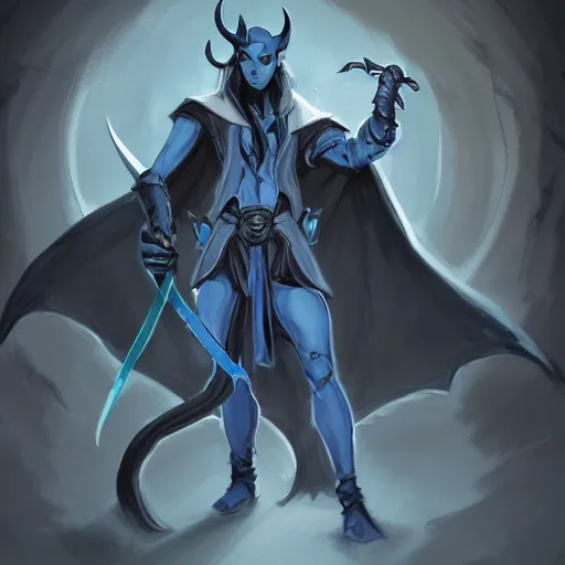 Image similar to D&D character concept art of a cloaked tiefling, tiefling rogue, blue skin color with short horns and a devil tail, fighting pose of a Rogue holding daggers, black cloak hidden in shadows, full body pose, soft colors, fantasy, intricate, elegant, highly detailed, digital painting, artstation, concept art, smooth, sharp focus, illustration, wide angle shot, full body visible, art by artgerm and H R Giger and alphonse mucha