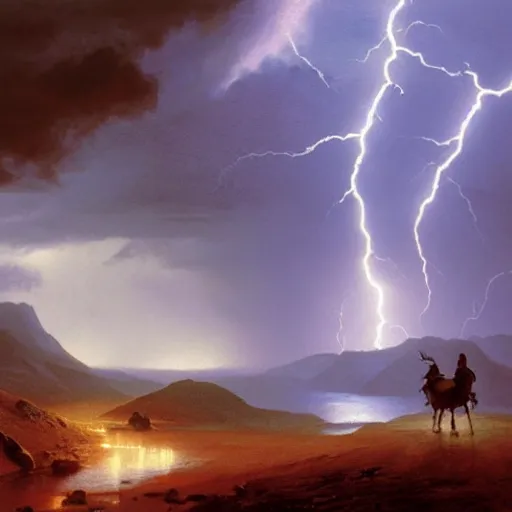 Prompt: woman on a donkey gazing at a lightning bolt in the distance in a valley, heavy rain approaching, John Harris, crisp lighting, breathtaking detail, game of thrones