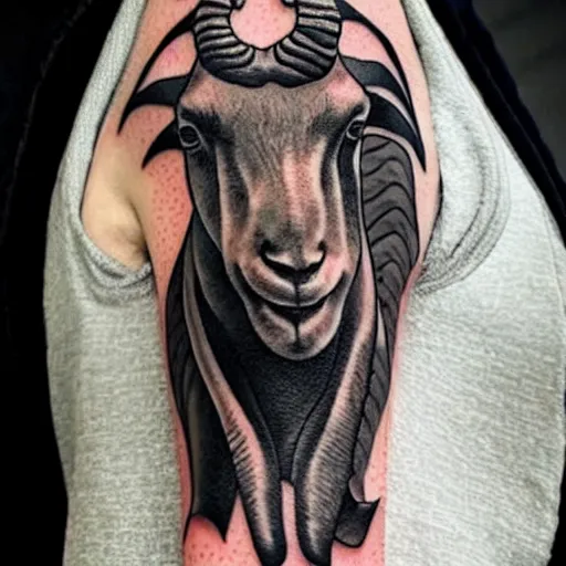 Image similar to a tattoo of a goat. The goat has a stick of dynamite in its mouth