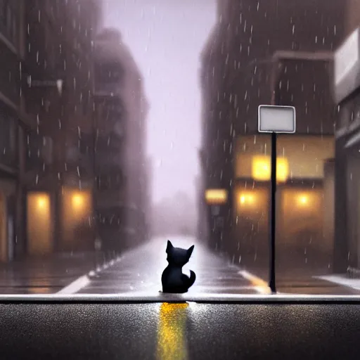 Prompt: kitten sits in the empty street on a rainy day, led lights around the place, digital painting, ultra detailed, unreal engine 5,