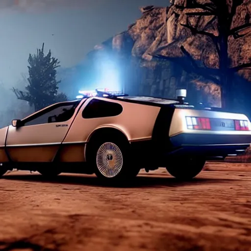 Image similar to dmc 1 2 delorean with a jet engine on the back in red dead redemption 2