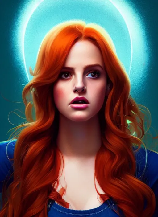 Image similar to full body portrait of teenage cheryl blossom, bangs, green eyes, mischievous expression, red hair, sultry smirk, bangs and wavy hair, intricate, elegant, glowing lights, highly detailed, digital painting, artstation, concept art, smooth, sharp focus, illustration, art by wlop, mars ravelo and greg rutkowski