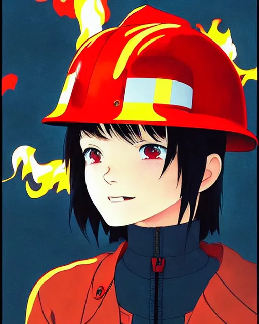 Image similar to fireman, fire helmet, flames background | | very very anime!!!, fine - face, audrey plaza, realistic shaded perfect face, fine details. anime. realistic shaded lighting poster by ilya kuvshinov katsuhiro otomo ghost - in - the - shell, magali villeneuve, artgerm, jeremy lipkin and michael garmash and rob rey