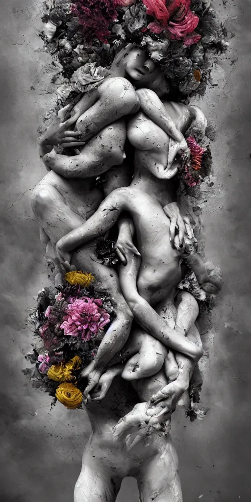 Image similar to a surrealist sculpture human bodies intertwined, a lovely cornucopia of flowers and human body parts, body parts, paint pour, swirling paint colors, black and white photography, desaturated, highly detailed, octane render, cinematic