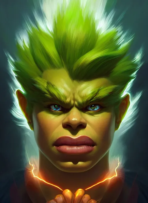 Image similar to symmetry!! portrait of blanka with lightning, street fighter, global illumination!! intricate, elegant, highly detailed, digital painting, artstation, concept art, smooth, sharp focus, illustration, art by artgerm and greg rutkowski and alphonse mucha