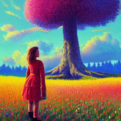 Image similar to girl made from surreal exploding flowers, standing in flower field, big trees, sunrise dramatic light, impressionist painting, colorful clouds, digital painting, pointillism, artstation, simon stalenhag