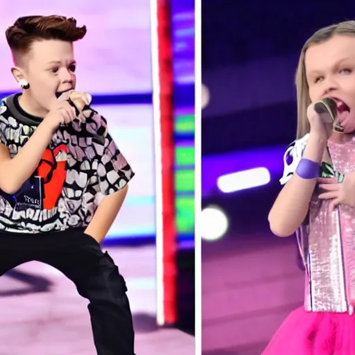 Image similar to jacob sartorius and jojo siwa having a rap battle, dramatic scene