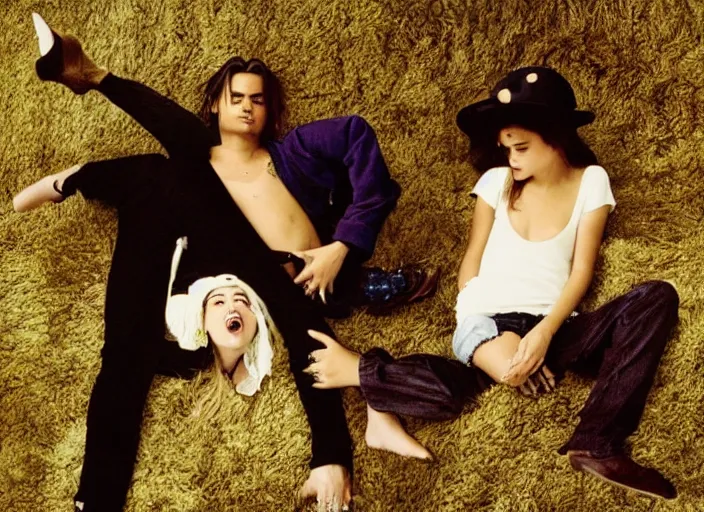 Prompt: Selena Gomez and Young Johnny Depp on a mushroom trip on shag carpet , photograph by Annie Leibovitz and Mark Seliger; oil on canvas; Dalle