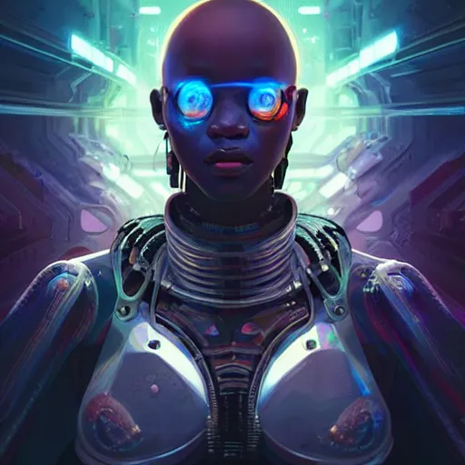 Prompt: african biopunk hacker, science fiction, highly detailed, digital painting, beautiful eyes, symmetry, concept art, sharp focus, illustration, global illumination, radiant light, synthwave colors, detailed and intricate environment, art by artgerm and greg rutkowski and magali villeneuve and ilya kuvshinov!