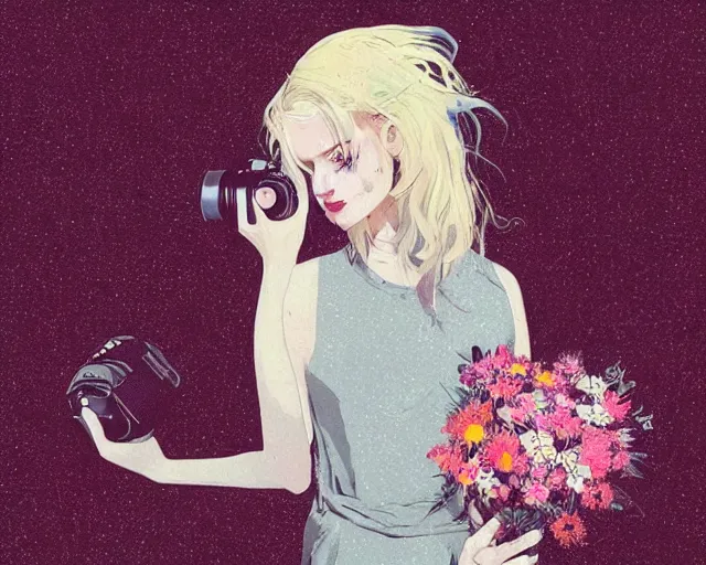 Image similar to pale young woman with bright blonde hair, freckles, gray eyes and a wide face, flowery dress, she is holding a professional dslr camera close to her face with one hand, dramatic lighting, bright flare, expressive, surrealist art by conrad roset