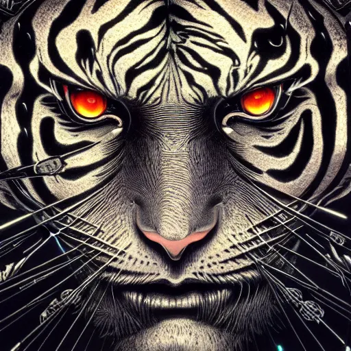 Prompt: concept art of japanese tiger, cyber punk, cyberpunk futuristic neo, hyperrealism, fine details, art by gustave dore, jean giraud, philippe druillet, 4 k