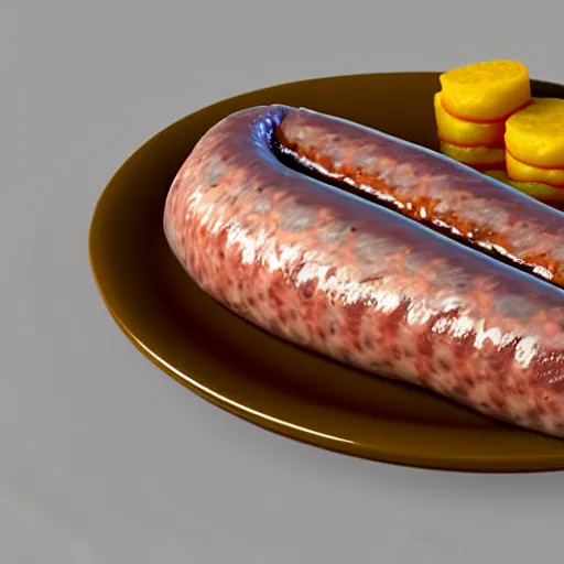 Image similar to realistic 3 d unreal engine render of a half fish half sausage alone on a plate, fish fins on a sausage