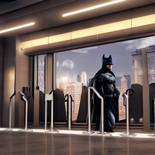 Image similar to batman waiting in line at the bank, octane render, ultra detail, ultra realistic, 8 k