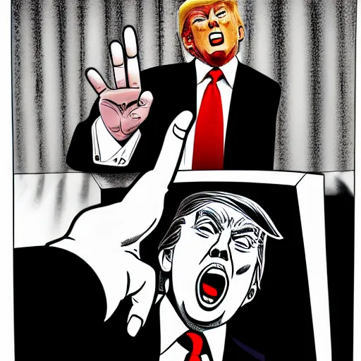 Image similar to donald trump pointing to someone, hyper detailed, in the style of junji ito and and junji ito and junji ito, selfie