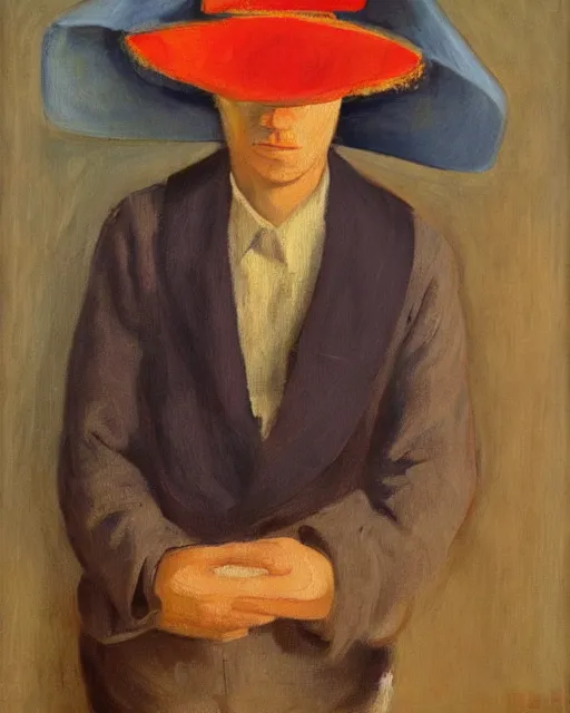 Prompt: a painting of a person wearing a hat and scarf, an oil on canvas painting by Luc Tuymans, featured on reddit, synthetism, oil on canvas, academic art, art on instagram