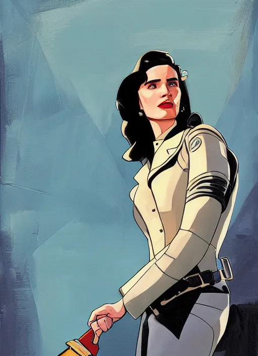 Prompt: young jennifer connelly as jenny blake from the movie the rocketeer ; detailed artwork by phil noto ; brush texture ; asymmetric composition ; paint texture ; trending on artstation ; gallery painting by phil noto in the comic book style of phil noto