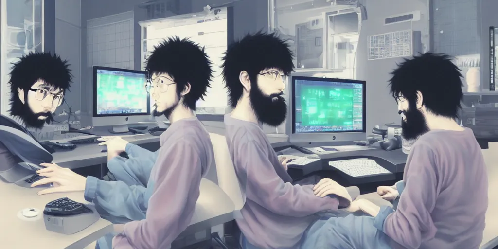 Prompt: programmer, man with beard, computer by hisashi eguchi, kentaro miura, and yoshitaka amano, soft colors, futuristic, 8 k