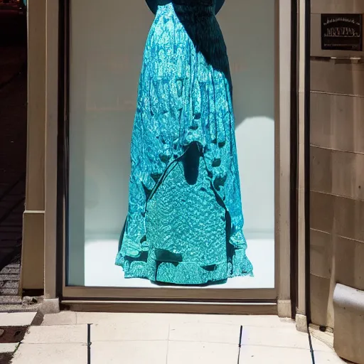 Image similar to victorian era turquoise dress on a manikin, trafalgar dress shop frontage, through the window, cobbled laneway, ambient lighting, cinematic quality, high octane, vray render, subsurface scatter, drum scanner intricate complexity, golden ratio, kojima, amano, charlie bowater museum piece, fine art