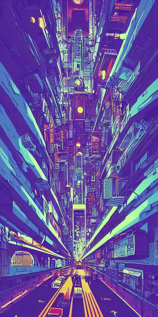 Image similar to astronaut cyberpunk surreal upside down city with a full moon, neon lights, sharp edges, flat colors, cell shaded, wide angle lens by moebius, Jean Giraud, trending on artstation