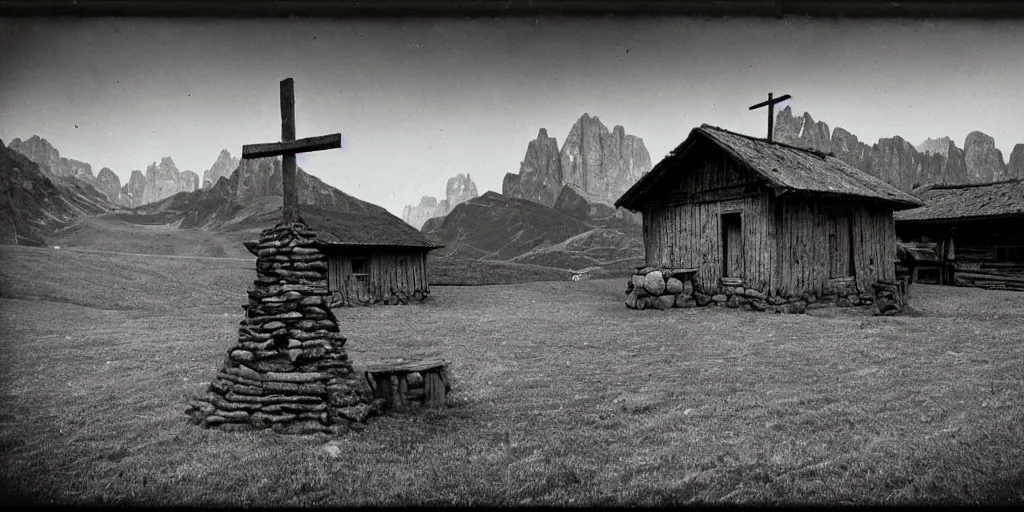 Prompt: 1 9 2 0 s photography of an old farmers hut in the dolomites, farmer tools, wooden cross, bondes, haystack, dark, eerie, grainy