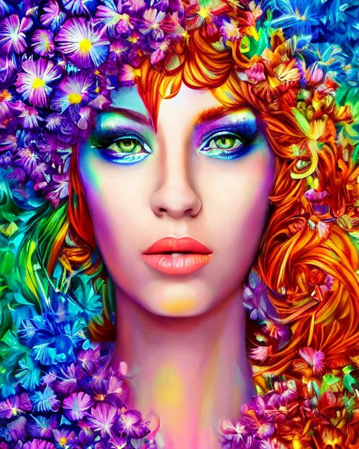Prompt: ultra detailed realistic colorful acrylic pour flow painting of a iridescent chrome - haired woman with striking eyes, professional makeup, girl in a bed of flowers, directed gaze, digital art by rhads, lisa frank, clint cearley, trending on artstation, psychedelic art, psychedelic, metaphysical, vibrant colors, mystical, digital illustration