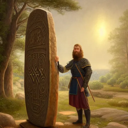 Prompt: a portrait of a man standing next to a large runestone with intricate runes, illustration, soft lighting, soft details, painting oil on canvas by Edmund Blair Leighton trending on artstation d&d characters, 4k, 8k, HD