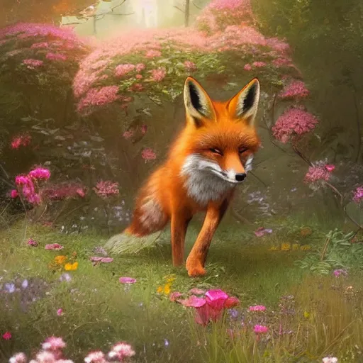 Image similar to a fox surrounded by beautiful flowers, by stanley lau and greg rutkowski