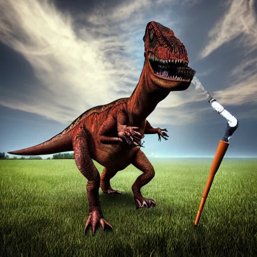 Image similar to a realistic photo of a dinosaur standing on two legs smoking a cigarette in their mouth hdr professional shot, full body