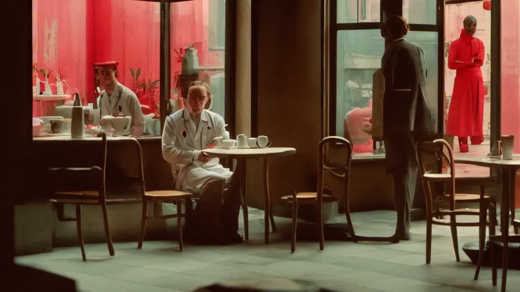 Prompt: a man in a sexy nurse outfit sits inside of a tea shop alone, film still from the movie directed by wes anderson with art direction by zdzisław beksinski, wide lens