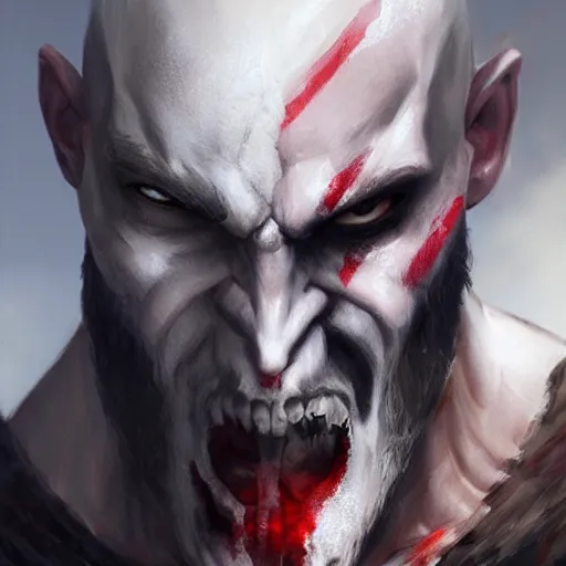 Image similar to kratos with white hair holding skull, by makoto shinkai, greg rutkowski, artstation, high detailed, cgsociety,