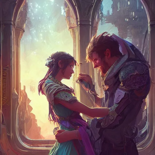 Prompt: a young couple hugging each other in a solarpunk city, D&D, fantasy, intricate, elegant, highly detailed, digital painting, artstation, concept art, matte, sharp focus, illustration, hearthstone, art by Artgerm and Greg Rutkowski and Alphonse Mucha