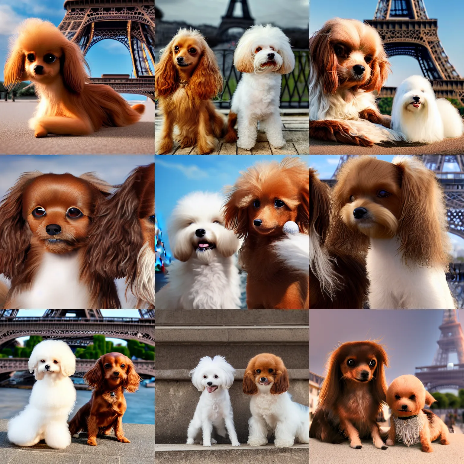 Prompt: a photorealistic closeup image of a cute brown colored long haired chihuahua cocker spaniel dog with a happy white bichon frise dog in paris at the eiffel tower. brightly lit. extreme detail. 4 k hd unreal engine