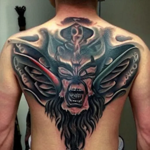 Prompt: devilish dark tattoos on a man's body