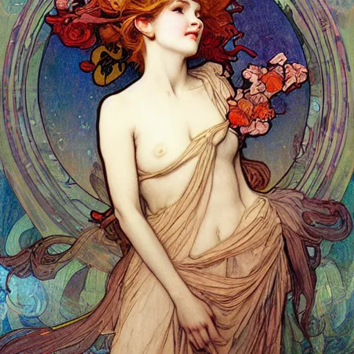 Image similar to romantic painted portrait of halo by james jean, mucha