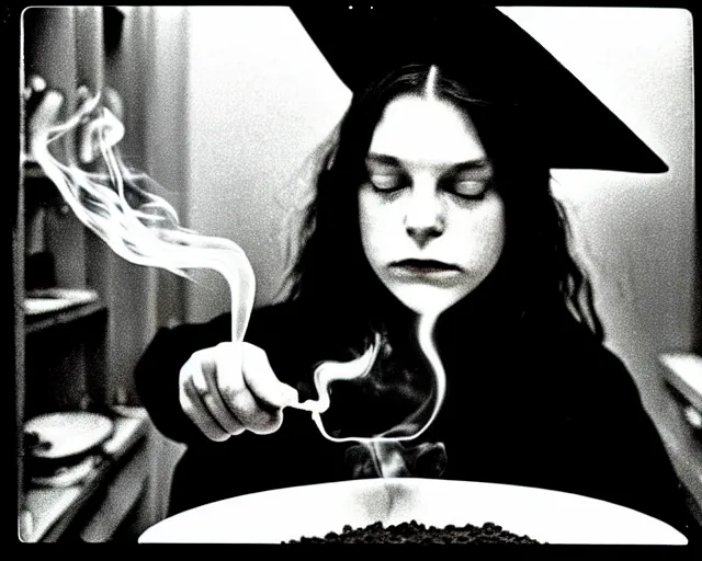 Prompt: polaroid 1 9 9 0's photo, close up portrait, dramatic lighting, concentration, calm confident teen witch and her cat mixing a spell in a cauldron, a little smoke fills the air, a witch hat and cape, a little green smoke is coming out of the cauldron, ingredients on the table, apothecary shelves in the background, still from harry potter