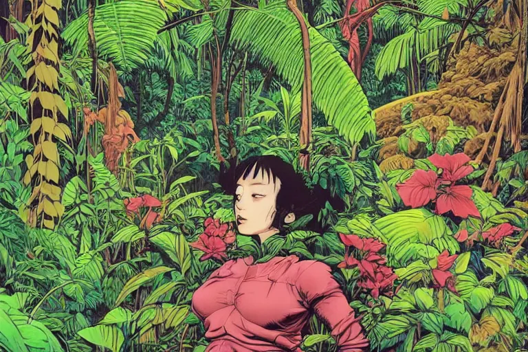 Image similar to woman, dense jungle, trees, huge flowers, risograph!, omnious, dark, oldschool vintage sci - fi flat surreal design, super - detailed, painting by moebius and satoshi kon and jodorowski and katsuhiro otomo and kim jung gi, hd, 4 k, high quality