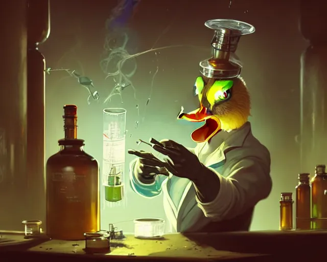 Prompt: a mad scientist as a duck, mixing potions in a rundown chemistry lab, by marco bucci and greg rutkowski and frank frazetta, detailed, artstation, cinematic 4 k, style of magic : the gathering