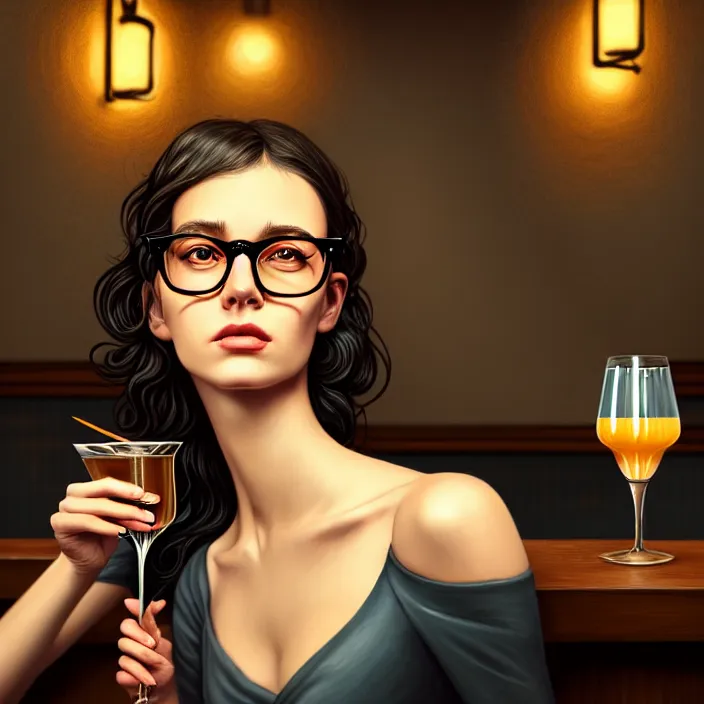 Prompt: a young sophisticated beautiful barmaid, dimly lit dive bar, hip modern vibe, relaxed pose, wavy long black hair and glasses, wild, highly detailed, digital painting, artstation, sharp focus, illustration, detailed painterly digital art style by Alfred Charles Parker + perfect facial symmetry + dim volumetric lighting, vibrant deep colors, 🍸, 8k octane beautifully detailed render, post-processing, extremely hyperdetailed, epic composition, grim yet sparkling atmosphere, cinematic lighting + masterpiece, Art Nouveau, unreal engine, hyperrealistic, cell shaded