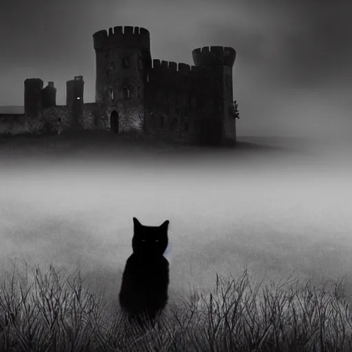 Image similar to a dark vallcy with a huge gloomy castle, fog. a little boy and a black cat