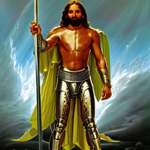 Image similar to full body portrait of Jesus wearing futuristic battle armor with a Damascus sword by boris vallejo