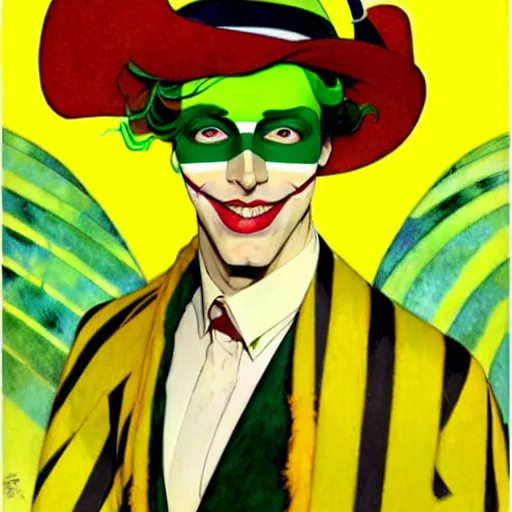 Image similar to art by joshua middleton, the yellow creeper, a tall manically smiling yellow - skinned man with green and black striped cycling shorts and wearing a long red feather boa, yellow makeup, mucha, kandinsky, poster, comic art, stylised design