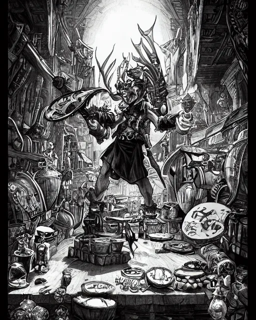 Image similar to A merchant selling treasuries and potions, high detailed store, black and white, fantasy art, goblin art, in the style of masami kurumada, illustration, epic, fantasy, intricate, hyper detailed, artstation, concept art, smooth, sharp focus, ray tracing