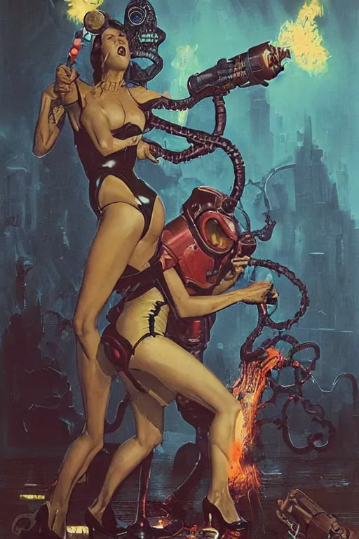 Prompt: full body portrait of martyn ford as lovecraftian demon being zapped by ray gun held by elegant lady wearing a latex spacesuit, by norman rockwell, jack kirby, jon berkey, earle bergey, craig mullins, ruan jia, jeremy mann, tom lovell, marvel, astounding stories, 5 0 s pulp illustration, scifi, fantasy, artstation creature concept