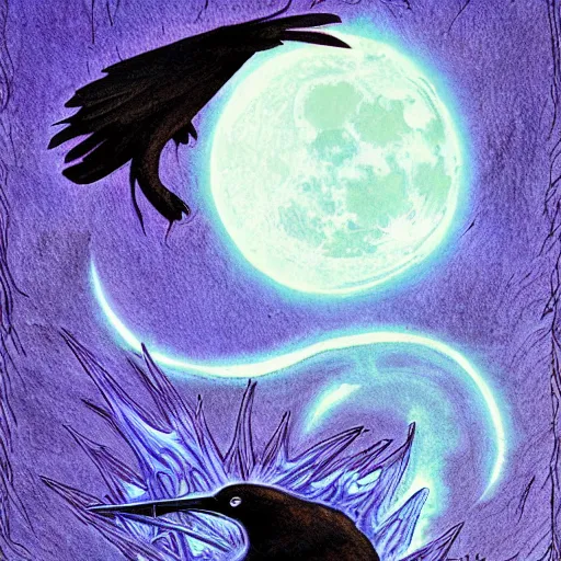 Prompt: raven, jioness, forest, blue flame, moon, art by Bryan Alfaro, award winning concept, highly detailed,