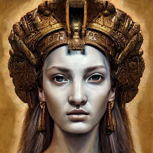 Image similar to hyperrealistic mixed media painting of beautiful goddess Athena, stunning 3d render inspired art by P. Craig Russell and Barry Windsor-Smith, perfect facial symmetry, dim volumetric lighting, 8k octane beautifully detailed render, post-processing, portrait, extremely hyper-detailed, intricate, epic composition, brown eyes, cinematic lighting, masterpiece, trending on artstation, very very detailed, masterpiece, stunning