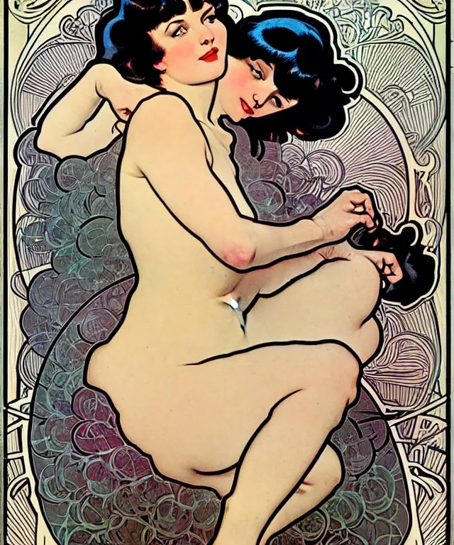 Image similar to Betty Page taking a bath, sharp focus, illustration, art by alphonse mucha